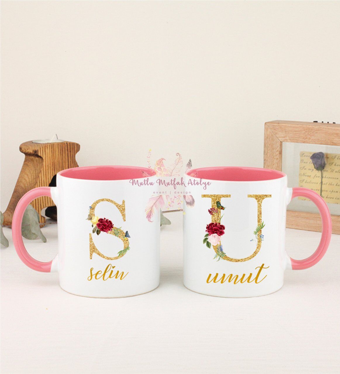 Kişiye Özel Gold Harfli ve İsimli İkili Pembe Kupa Bardak