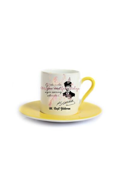 Kişiye Özel Öğretmenler Günü Hediyesi Atatürk ve İsimli Desenli Sarı Türk Kahvesi Fincanı
