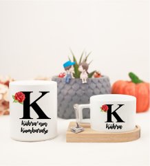 Kişiye Özel Ahşap Altlıklı Kahve Fincanı ve Kumbara Seti K Harfi