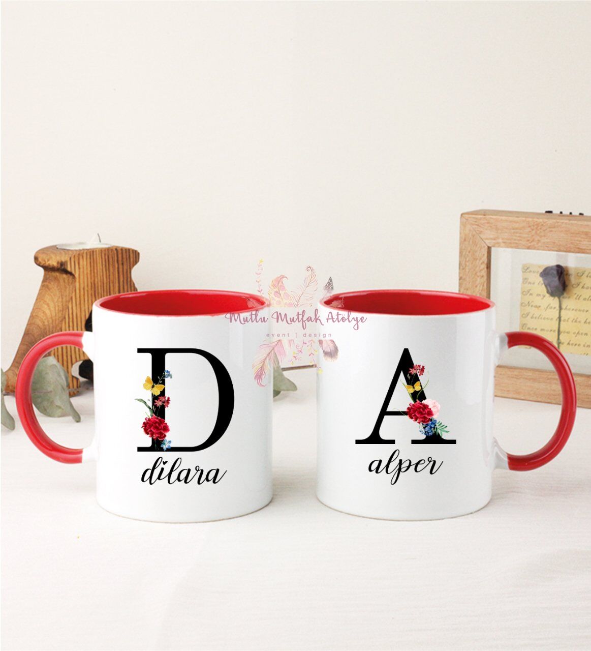 Kişiye Özel Harfli ve İsimli İkili Kırmızı Kupa Bardak