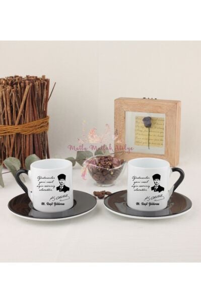 Kişiye Özel Öğretmenler Günü Hediyesi Atatürk ve İsimli Desenli İkili Siyahlı Türk Kahvesi Fincanı