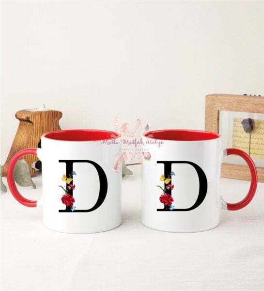 D Harfi Çiçek Desenli İkili Kırmızı Kupa Bardak