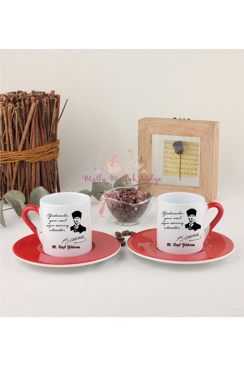 Kişiye Özel Öğretmenler Günü Hediyesi Atatürk ve İsimli Desenli İkili Kırmızılı Türk Kahvesi Fincanı