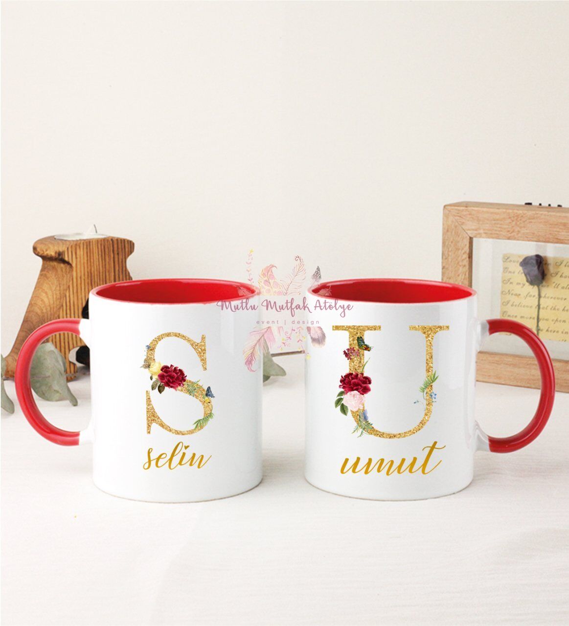 Kişiye Özel Gold Harfli ve İsimli İkili Kırmızı Kupa Bardak