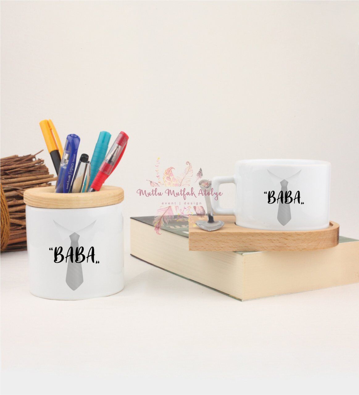 Babalar Günü Kalemlik ve Ahşap Altlıklı Fincan