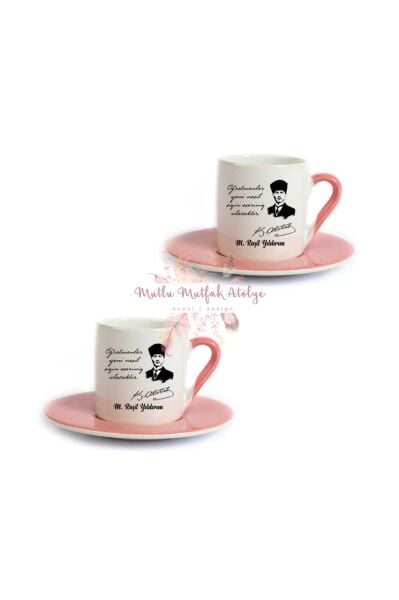 Kişiye Özel Öğretmenler Günü Hediyesi Atatürk ve İsimli Desenli İkili Pembe Türk Kahvesi Fincanı