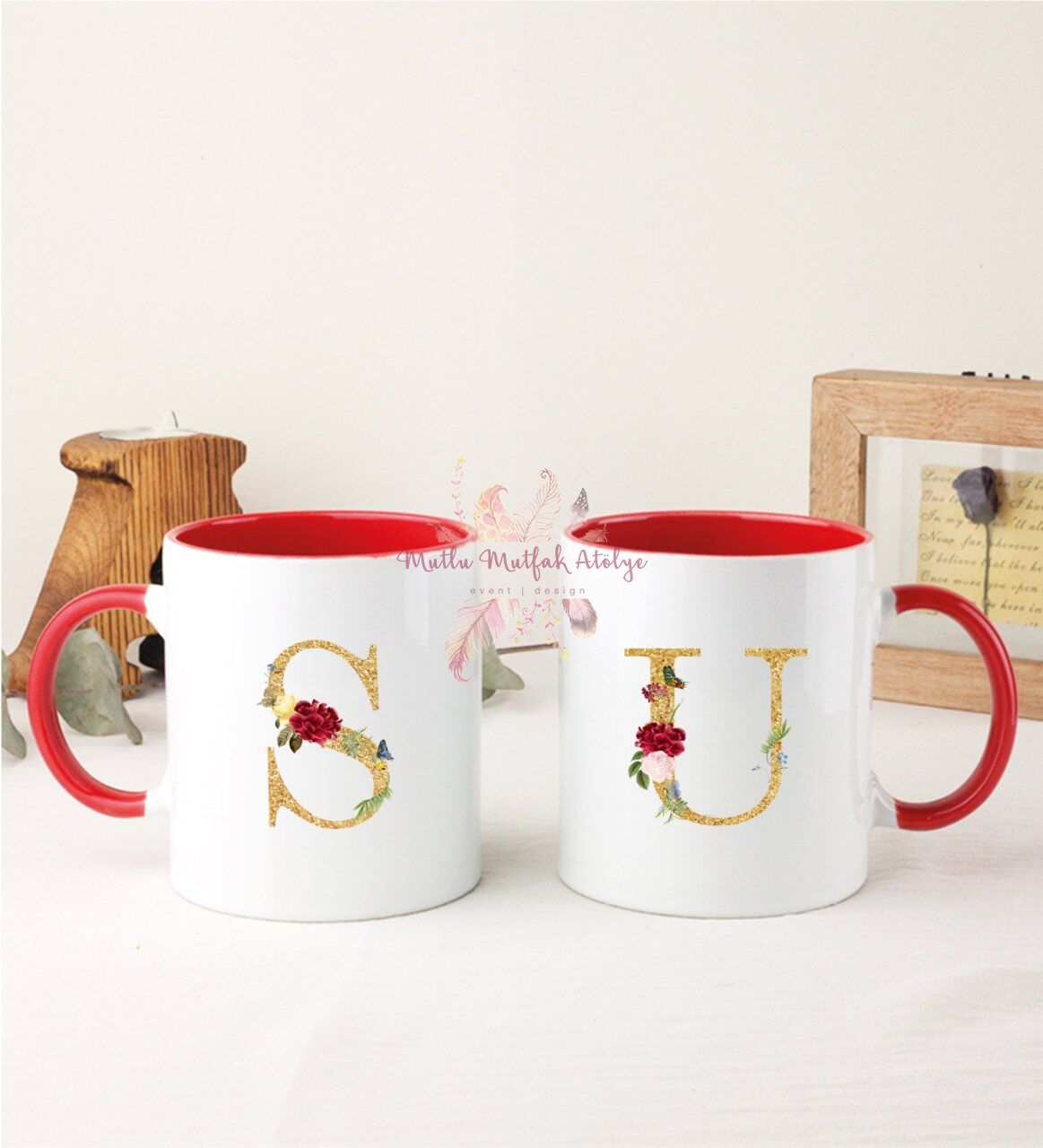 Gold Harfli İkili Kırmızı Kupa Bardak