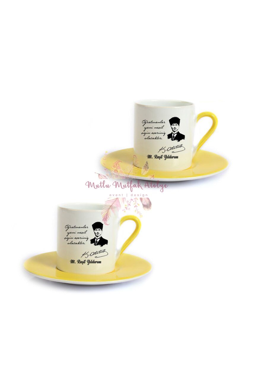 Kişiye Özel Öğretmenler Günü Hediyesi Atatürk ve İsimli Desenli İkili Sarı Türk Kahvesi Fincanı