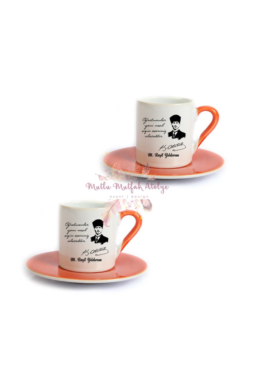 Kişiye Özel Öğretmenler Günü Hediyesi Atatürk ve İsimli Desenli İkili Turuncu Türk Kahvesi Fincanı