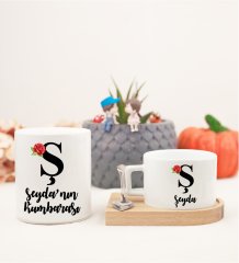 Kişiye Özel Ahşap Altlıklı Kahve Fincanı ve Kumbara Seti Ş Harfi