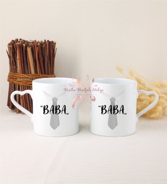 Babalar Günü İkili Beyaz Kalpli Kupa Bardak