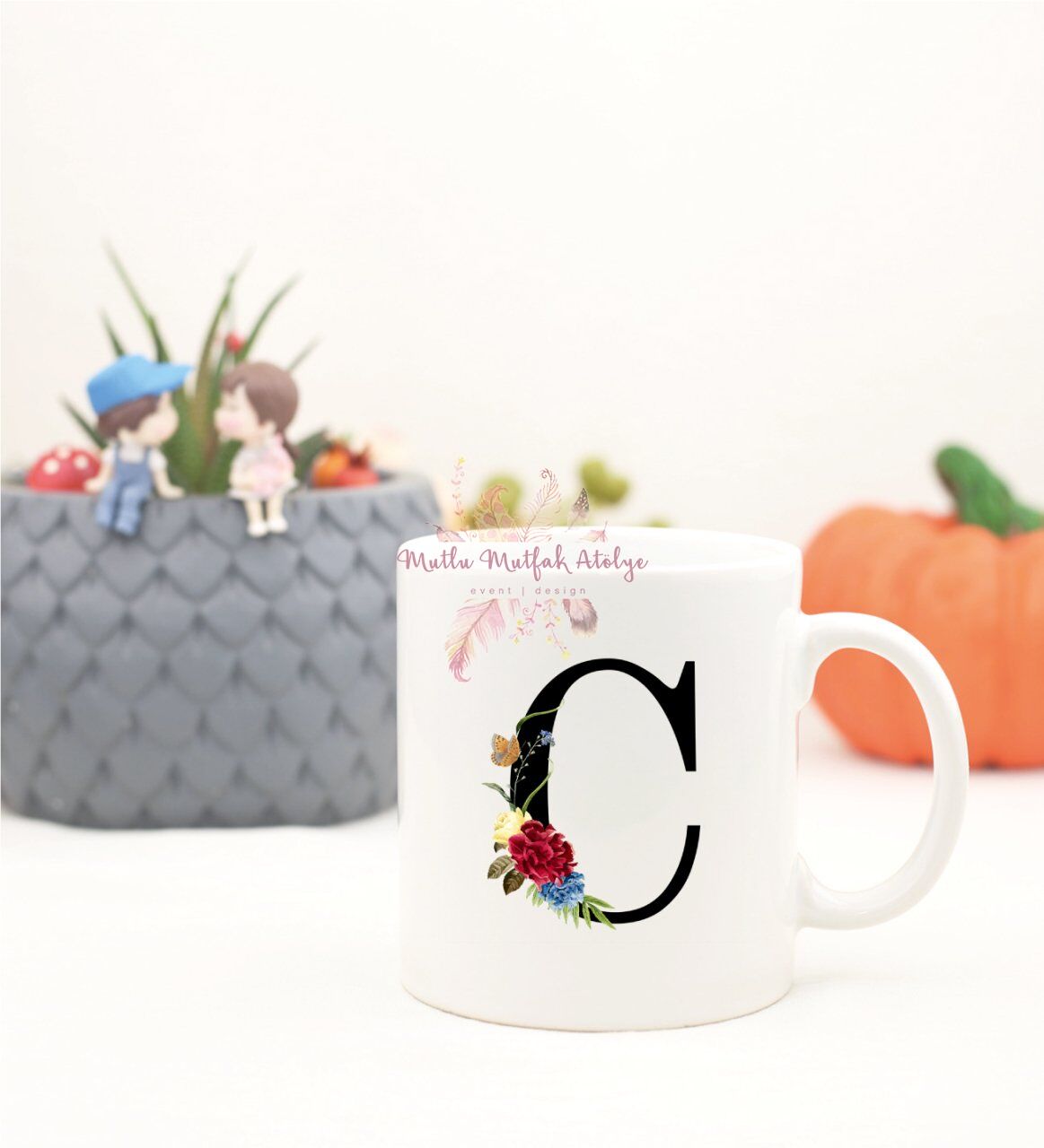 C Harfi Çiçek DesenliKupa Bardak