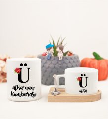 Kişiye Özel Ahşap Altlıklı Kahve Fincanı ve Kumbara Seti Ü Harfi