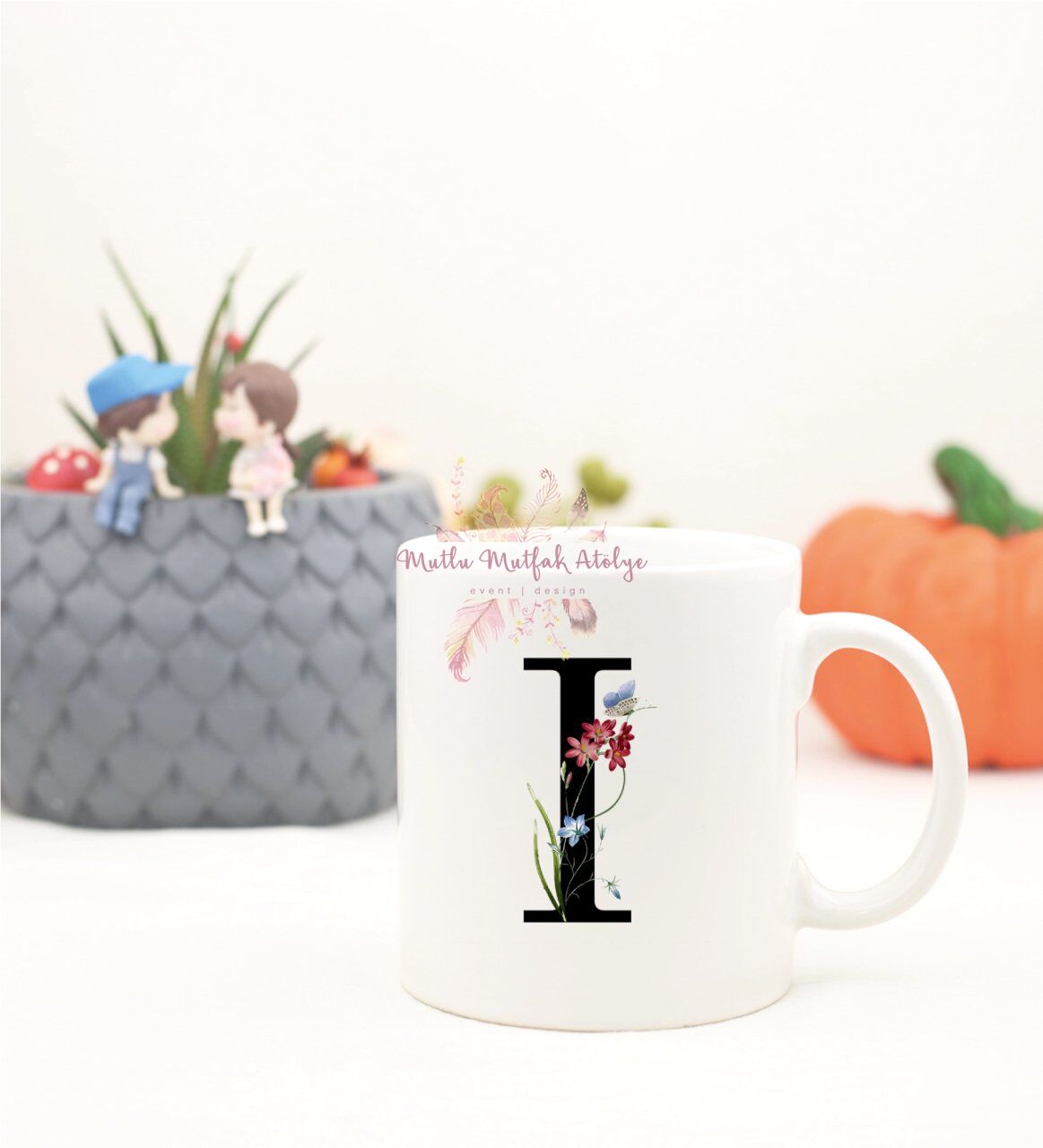 I Harfi Çiçek Desenli Kupa Bardak