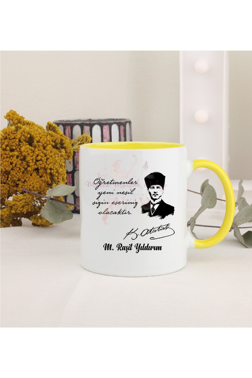Kişiye Özel Öğretmenler Günü Hediyesi Atatürk ve İsimli Desenli Sarı Kupa Bardak