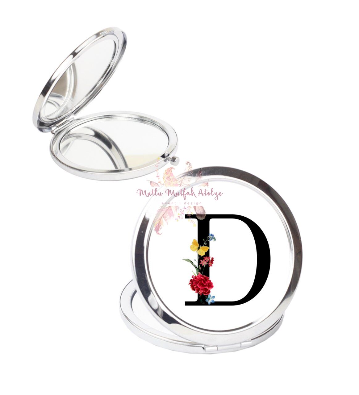 D Harfi Çiçek Desenli Cep Aynası