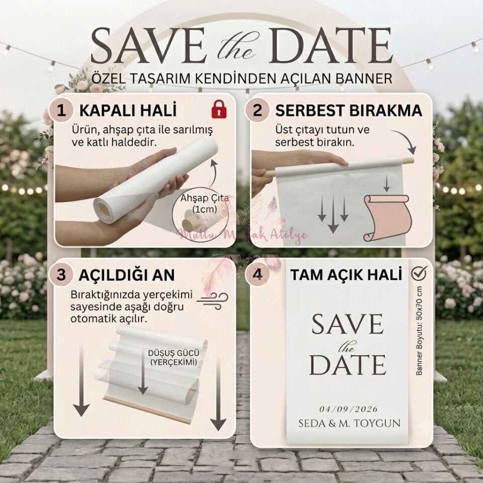 Kendinden Açılan Roll-Up Save the Date Pano | 50x70 cm Düğün & Nişan Anı Bannerı