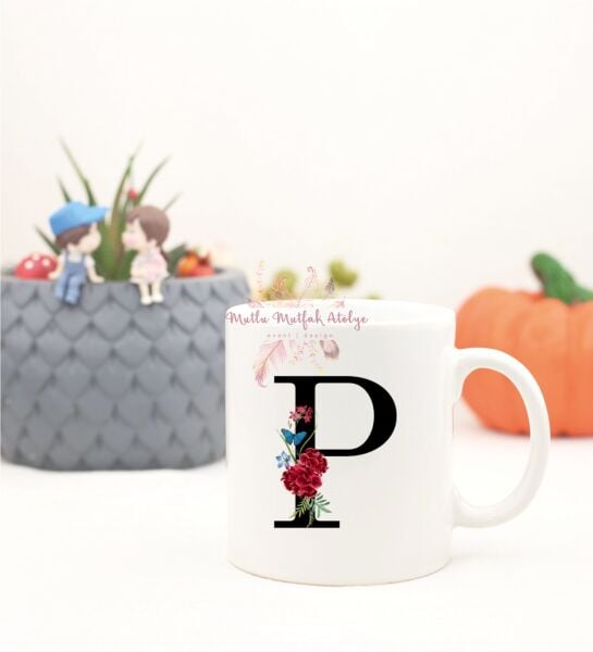 P Harfi Çiçek Desenli Kupa Bardak