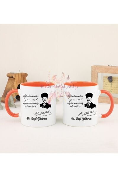 Kişiye Özel Öğretmenler Günü Hediyesi Atatürk ve İsimli Desenli İkili Turuncu Kupa Bardak