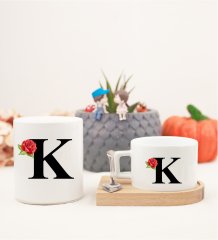 Ahşap Altlıklı Kahve Fincanı ve Kumbara Seti K Harfi