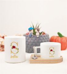 Kişiye Özel Gold Harfli ve İsimli Ahşap Altlıklı Fincan ve Kumbara