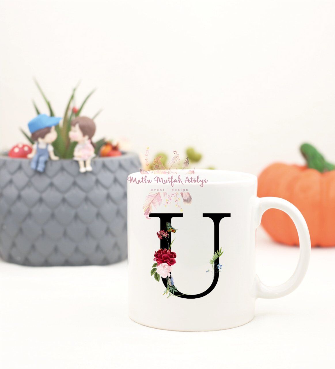 U Harfi Çiçek Desenli Kupa Bardak