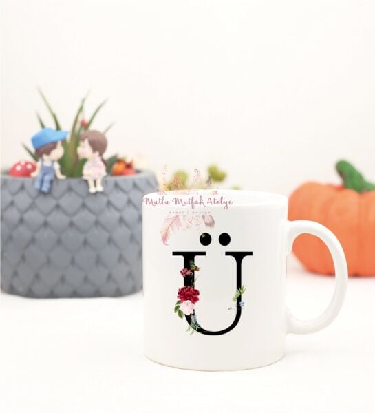 Ü Harfi Çiçek Desenli Kupa Bardak