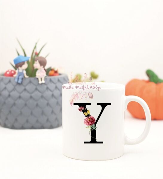 Y Harfi Çiçek Desenli Kupa Bardak