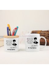 Kişiye Özel Öğretmenler Günü Hediyesi Atatürk ve İsimli Desenli Kalemlik ve Kupa Bardak