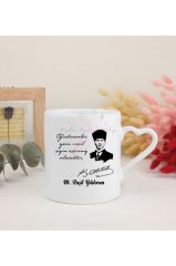Kişiye Özel Öğretmenler Günü Hediyesi Atatürk ve İsimli Desenli Beyaz Kalpli Kupa Bardak