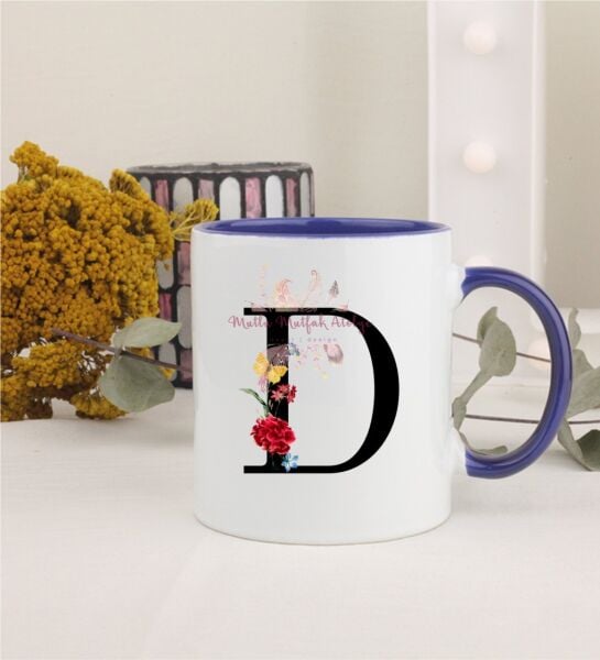 D Harfi Çiçek Desenli Lacivert Kupa Bardak