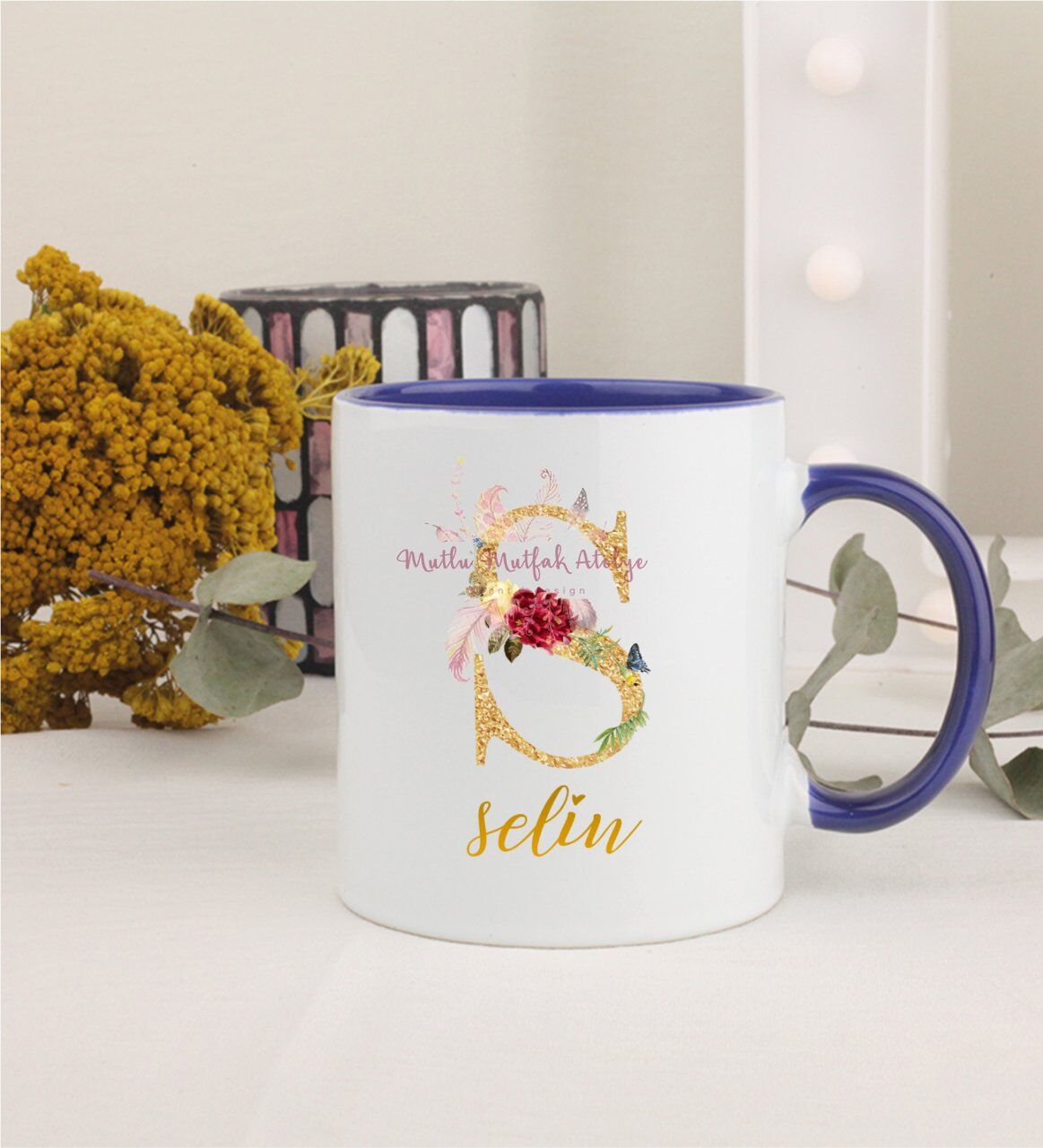 Kişiye Özel Gold Harfli ve İsimli Lacivert Kupa Bardak