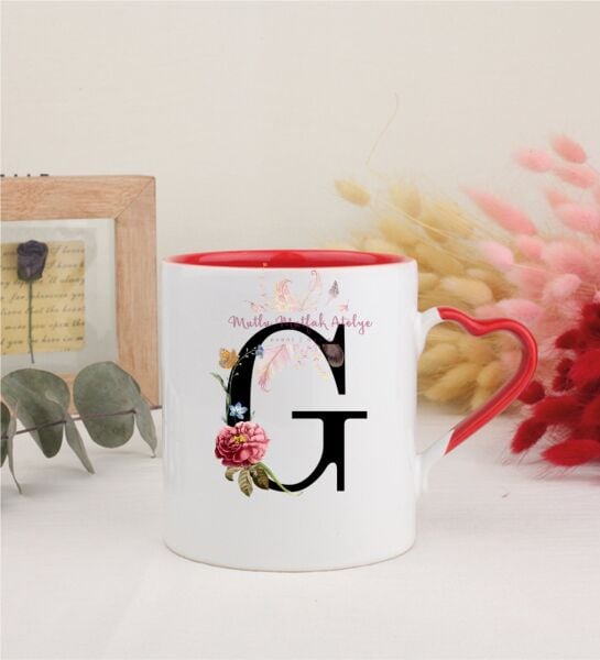 F Harfi Çiçek Desenli Kırmızı Kalpli Kupa Bardak