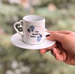 Kişiye Özel Öğretmenler Günü Hediyesi Çiçekli ve İsimli Desenli Türk Kahvesi Fincanı