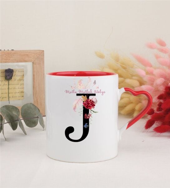 J Harfi Çiçek Desenli Kırmızı Kalpli Kupa Bardak