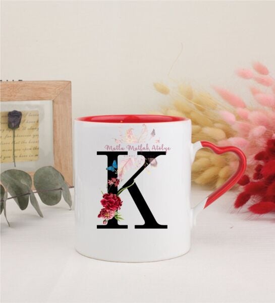 K Harfi Çiçek Desenli Kırmızı Kalpli Kupa Bardak