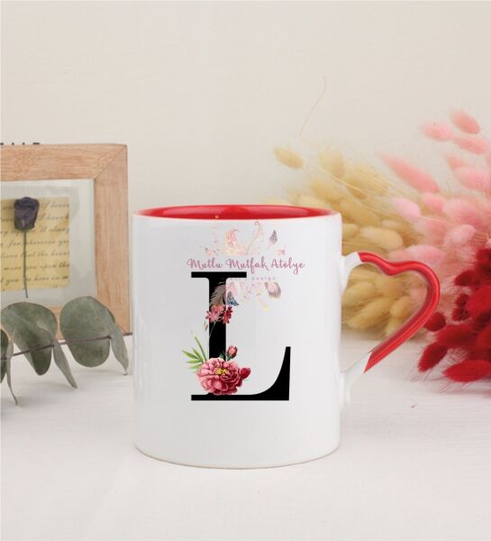 L Harfi Çiçek Desenli Kırmızı Kalpli Kupa Bardak