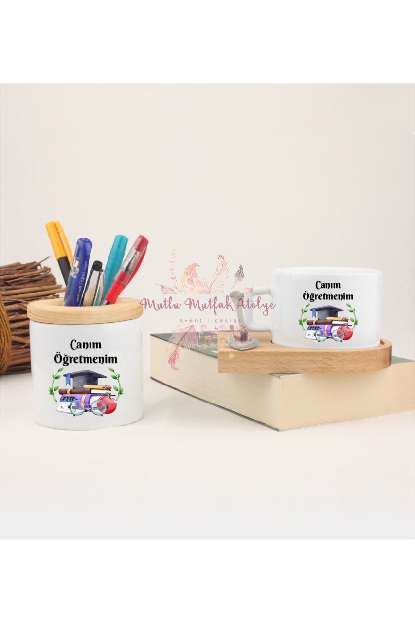 Öğretmenler Günü Hediyesi Canım Öğretmenim Kalemlik ve Ahşap Altlıklı Fincan