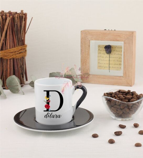 Kişiye Özel Harfli ve İsimli Siyah Türk Kahvesi Fincanı