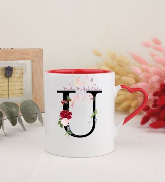 U Harfi Çiçek Desenli Kırmızı Kalpli Kupa Bardak