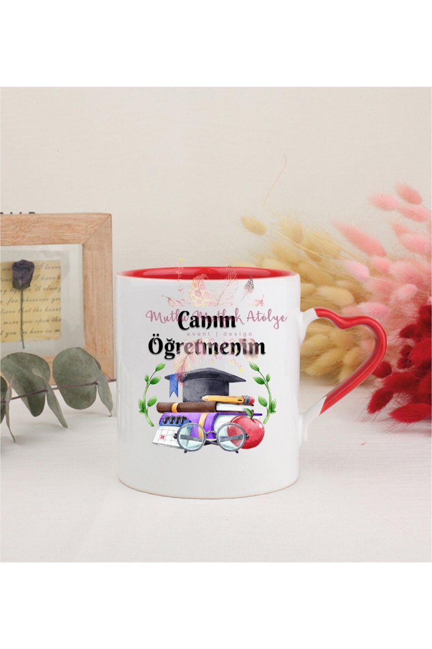 Öğretmenler Günü Hediyesi Canım Öğretmenim Kırmızı Kalpli Kupa Bardak