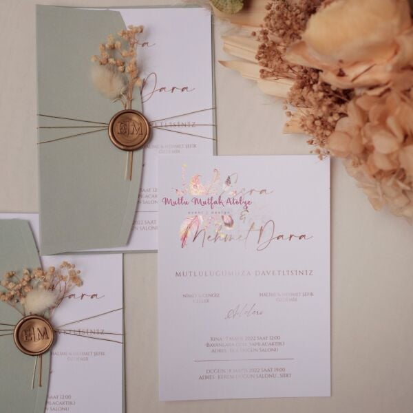 Çiçek Süslemeli Mühürlü Davetiye (50 Ad.) (Büyük Boy)