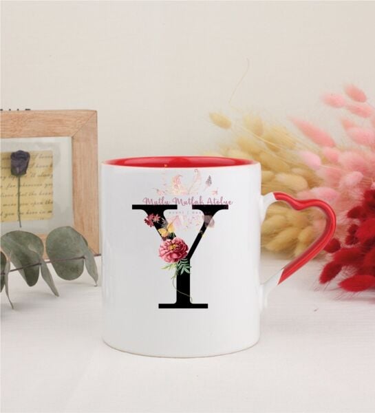 Y Harfi Çiçek Desenli Kırmızı Kalpli Kupa Bardak