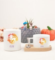 Ahşap Altlıklı Kahve Fincanı ve Kumbara Seti Aslan Burcu