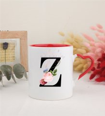 Z Harfi Çiçek Desenli Kırmızı Kalpli Kupa Bardak