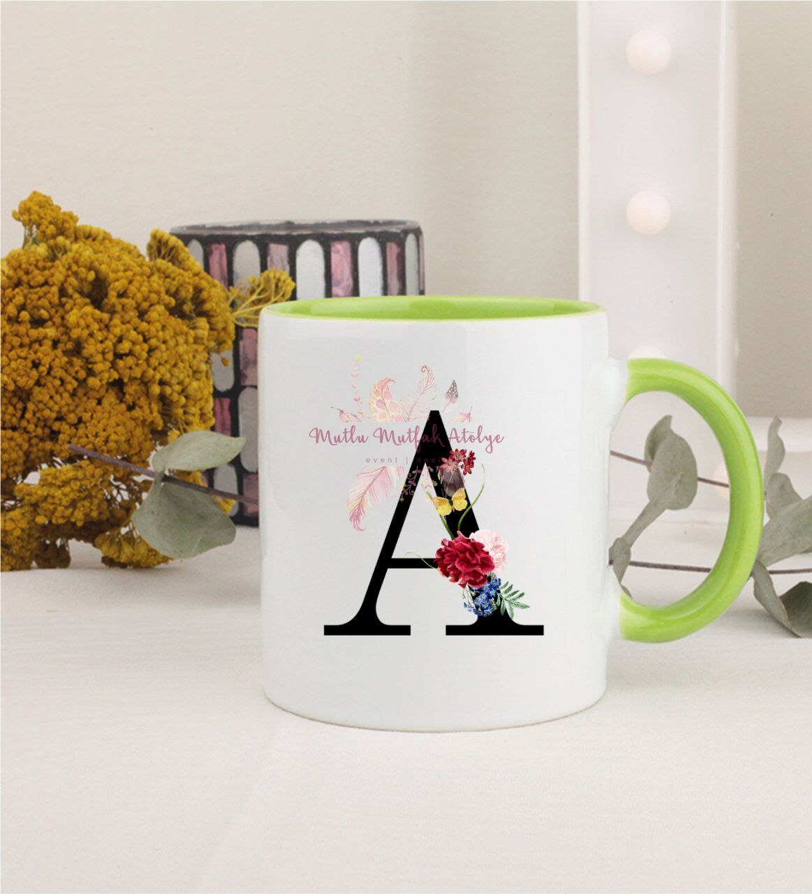 A Harfi Çiçek DesenliYeşil Kupa Bardak