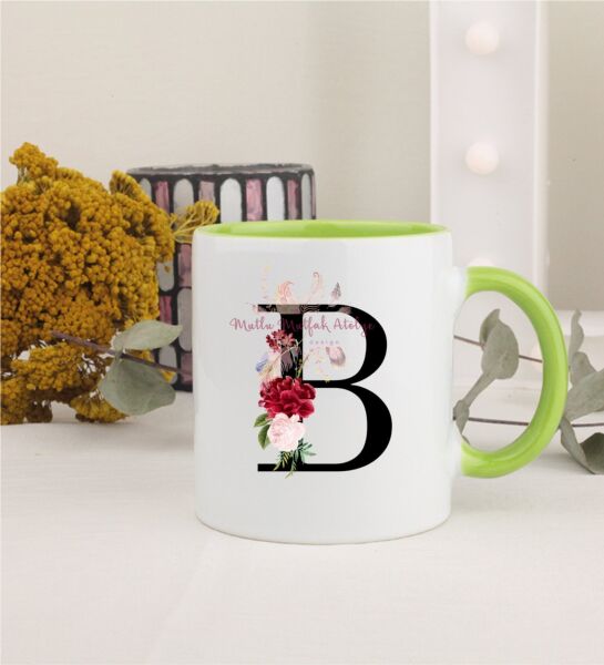 B Harfi Çiçek DesenliYeşil Kupa Bardak