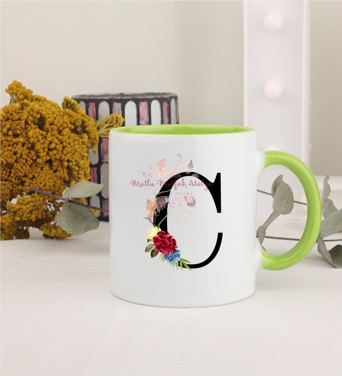 C Harfi Çiçek DesenliYeşil Kupa Bardak