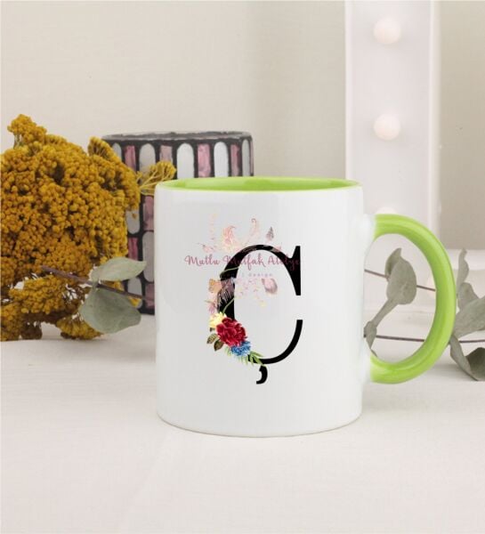 Ç Harfi Çiçek Desenli Yeşil Kupa Bardak