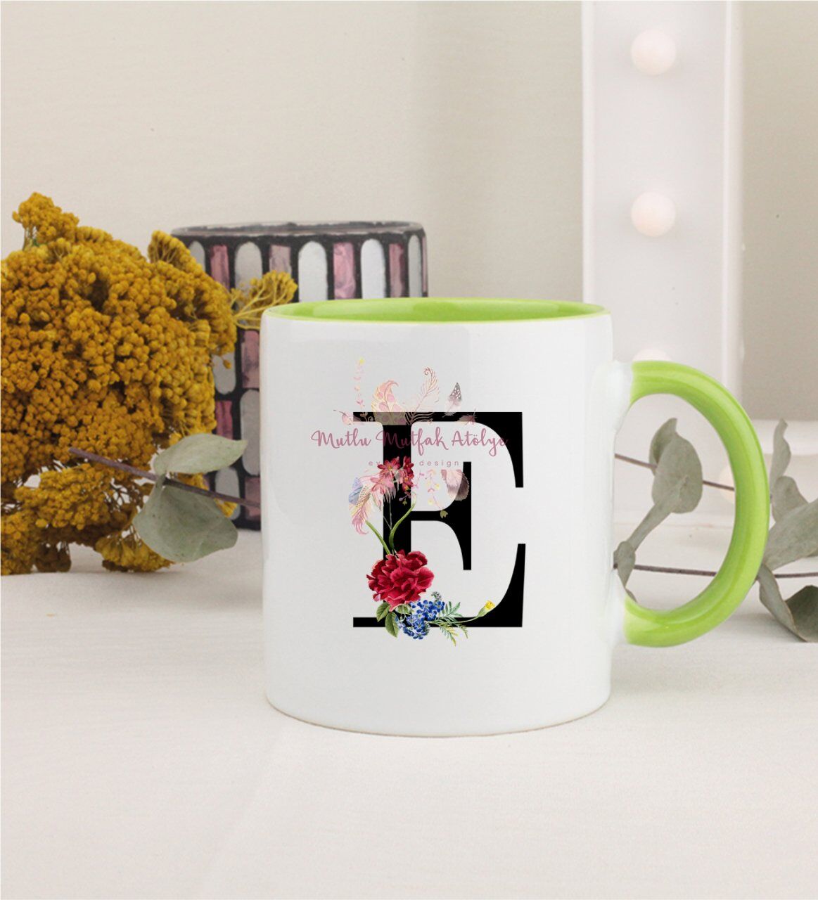 E Harfi Çiçek Desenli Yeşil Kupa Bardak